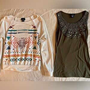 Rue21 Aztec Distressed Crewneck Shirt and Bejeweled Tank Top